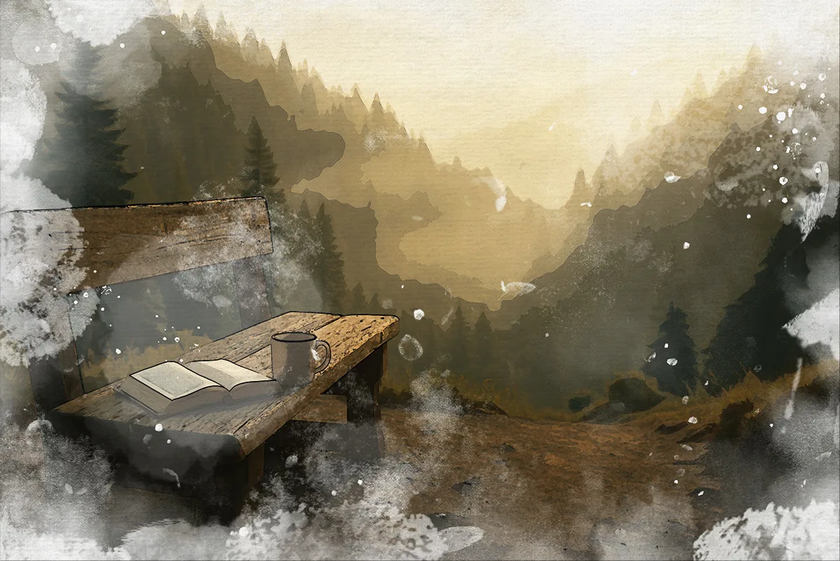 Open book and coffee on weathered bench overlooking misty Pacific Northwest forest, symbolizing the contemplative journey of faith-integrated therapy in Spokane, Washington