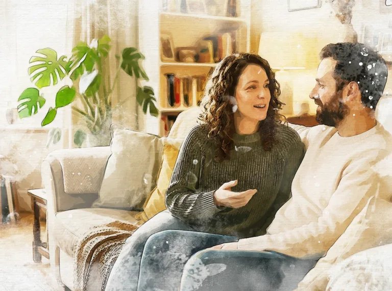 Watercolor illustration of a couple talking warmly on a couch, representing couples therapy in Spokane at Renewed Stories Counseling