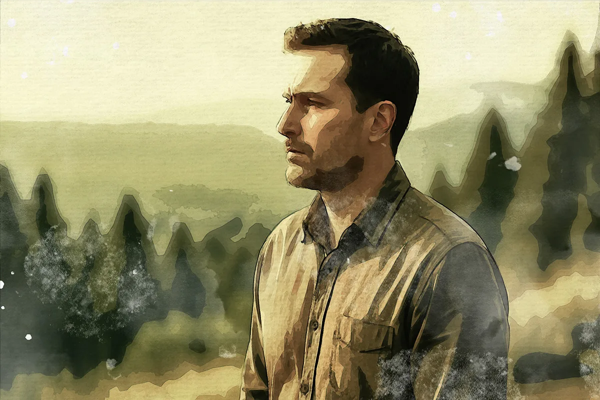 Man in contemplative profile overlooking misty Pacific Northwest forest, representing men redefining strength through therapy in Spokane, Washington