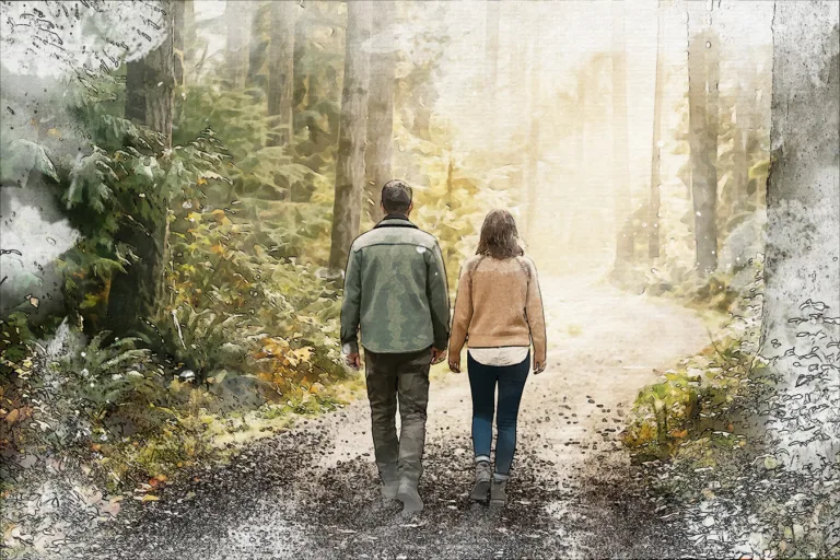 Watercolor and ink illustration of a couple walking side by side on a forest path toward warm sunlight, symbolizing rebuilding trust in a relationship Watercolor and ink illustration of a couple walking side by side on a forest path toward warm sunlight, symbolizing rebuilding trust in a relationship