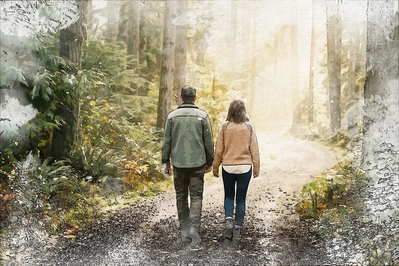 Watercolor and ink illustration of a couple walking side by side on a forest path toward warm sunlight, symbolizing rebuilding trust in a relationship