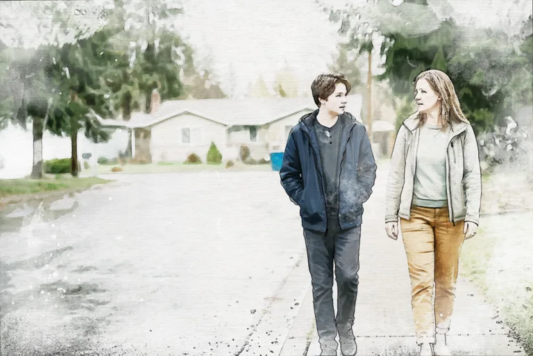 A parent and teenager talk while walking together through a quiet Pacific Northwest neighborhood A parent and teenager talk while walking together through a quiet Pacific Northwest neighborhood